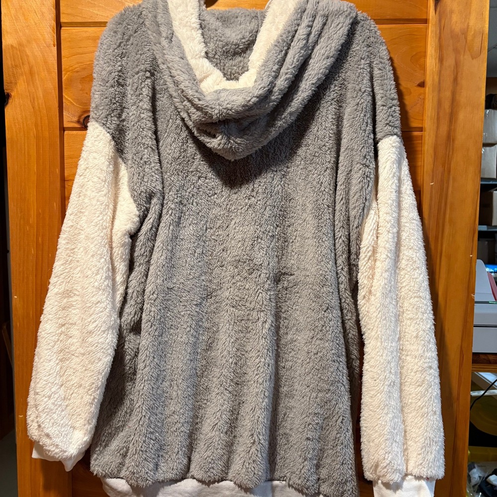 Gray and White Colorblock Sherpa Fleece Zip Up Hoodie XXL 100% Cotton 226 - Picture 3 of 5